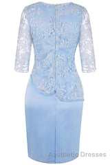 Light Blue Crew Neck Lace Half Sleeve Short Mother of the Bride Dresses