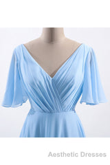 Flutter Sleeves Blue Chiffon A-line Long Bridesmaid Dresses