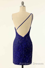 Pink Sequin One-Shoulder Backless Short Formal Dresses