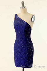 Pink Sequin One-Shoulder Backless Short Formal Dresses