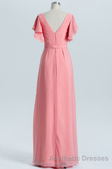 Coral A-line Flutter Sleeves Long Bridesmaid Dresses
