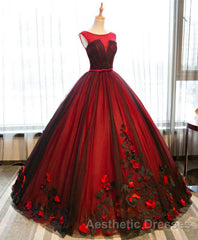 Burgundy Round Neck Tulle Lace Applique Long Evening Prom Dresses, Burgundy Evening Prom Dresses