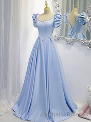 Blue Satin Backless Long Evening Prom Dresses, Blue Evening Prom Dresses