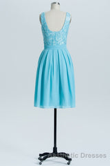 Princess Blue Lace and Chiffon Short A-line Homecoming Dresses