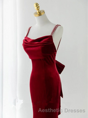 Wine Red Velvet Low Back Straps Long Party Dresses, Wine Red Wedding Party Dresses