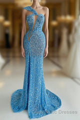 Ocean Blue Sequins One-Shoulder Mermaid Long Evening Prom Dresses With Split