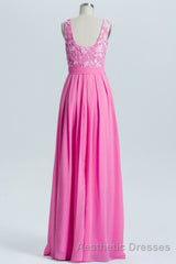 Pink A-line Lace and Chiffon Long Bridesmaid Dresses