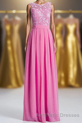 Pink A-line Lace and Chiffon Long Bridesmaid Dresses