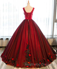 Burgundy Round Neck Tulle Lace Applique Long Evening Prom Dresses, Burgundy Evening Prom Dresses