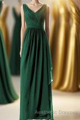 Hunter Green Chiffon Pleated Long Bridesmaid Dresses