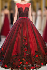 Burgundy Round Neck Tulle Lace Applique Long Evening Prom Dresses, Burgundy Evening Prom Dresses