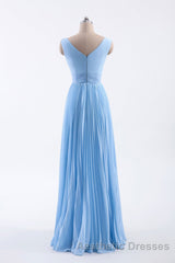 Blue Pleated A-line Chiffon Long Bridesmaid Dresses