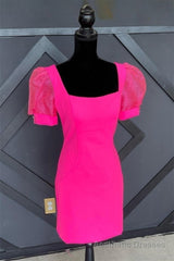 Fuchsia Puff Sleeves Square Neck Sheath Homecoming Dress