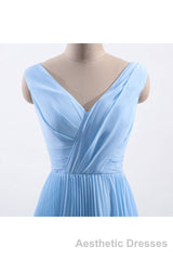 Blue Pleated A-line Chiffon Long Bridesmaid Dresses