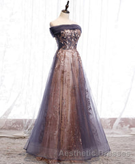 Unique Tulle Off Shoulder Lace Long Evening Prom Dresses, Lace Formal Dresses
