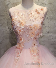 Pink Round Neck Tulle Lace Long Evening Prom Dresses, Lace Formal Dresses
