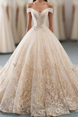 Unique Champagne Tulle Lace Long Wedding Dresses, Bridal Gown