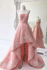 Charming Modest Pink A Line High Low Strapless Zipper Back Evening Prom Dresses