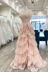 Light Blue Lace Sweetheart Tiered Long Evening Prom Dresses with Slit