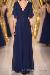 Navy Blue Chiffon V-Neck Ruffled Sleeve Long Bridesmaid Dresses
