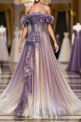 Purple Tulle Sequin Long Evening Prom Dresses, Purple Tulle Formal Dresses