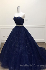 Navy Blue Ball Gown Court Train Sleeveless Mid Back Sparkle Evening Prom Dresses
