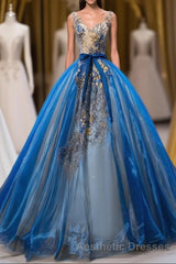 UniqueDressess Puffy V Neck Organza Applique Modest Evening Prom Dresses Evening Prom Dresses