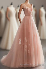 Pink V Neck Tulle Long Evening Prom Dresses, Tulle Evening Prom Dresses
