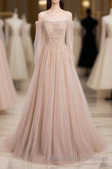 Champagne Pink Tulle Beads Long Evening Prom Dresses, Champagne Evening Prom Dresses