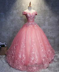 Pink Tulle Lace Off Shoulder Long Evening Prom Dresses, Pink Tulle Evening Dresses, 1