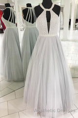 Gray A Line Floor Length Halter Sleeveless Beading Evening Prom Dresses