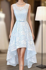 Light Blue Lace High Low Evening Prom Dresses, Homecoming Dresses