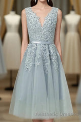 Gray A Line Lace Tulle Short Evening Prom Dresses, Homecoming Dresses
