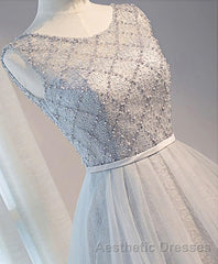 Gray Tulle Beads Short Evening Prom Dresses, Gray Homecoming Dresses