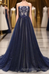 Navy A Line Sweep Train Straight Sleeveless Mid Back Lace Up Evening Prom Dresses