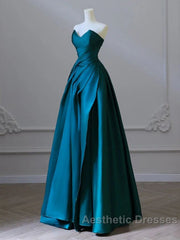 Simple Blue Satin Strapless Evening Prom Dresses