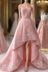 Charming Modest Pink A Line High Low Strapless Zipper Back Evening Prom Dresses