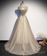 Champagne Round Neck Sequin Long Evening Prom Dresses, Tulle Formal Dresses