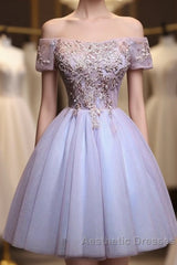 Cute Lace Applique Tulle Short Evening Prom Dresses, Homecoming Dresses