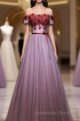 Pink Tulle Lace Applique Long Evening Prom Dresses, Evening Prom Dresses