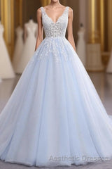 Ball Gown Chapel Train V Neck Sleeveless Backless Appliques Evening Prom Dresses