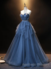 Blue Sweetheart Neck Tulle Long Evening Prom Dresses, Blue Evening Prom Dresses