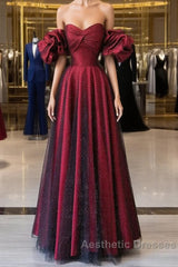 Off Shoulder Wine Red Sweetheart Tulle Evening Prom Dresses, A-line Wine Red Evening Dresses