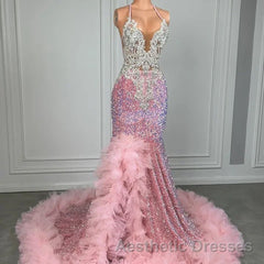 Pink Halter Mermaid Evening Prom Dresses with Sequins Beadings and Tulle Ruffle