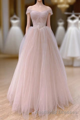 Pink Sweetheart Tulle Beaded Long Party Dresses, Pink Tulle Evening Prom Dresses Evening Prom Dresses