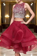2 Pieces Short Burgundy Evening Prom Dresses, Two Pieces Short Wine Red Beaded Graduation Homecoming Dresses
