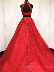 2 Pieces Tulle Lace Evening Prom Dresses, Two Pieces Evening Dresses