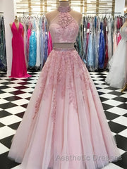 2 Pieces Tulle Lace Evening Prom Dresses, Two Pieces Evening Dresses