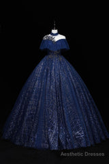 Blue Tulle Sequins Long Ball Gown, Elegant A-Line Formal Gown