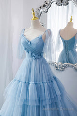 A-Line Tulle Long Prom Dresses, V-Neck Spaghetti Strap Long Princess Dresses
